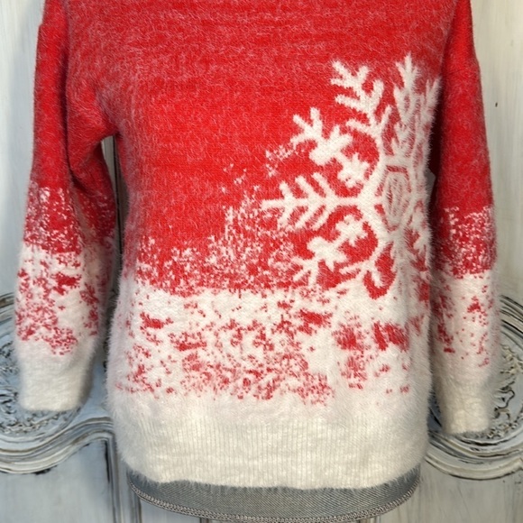 Red and White Snowflakes Eyelash Yarn High Crewneck Super Soft Pullover Sweater - Picture 5 of 11